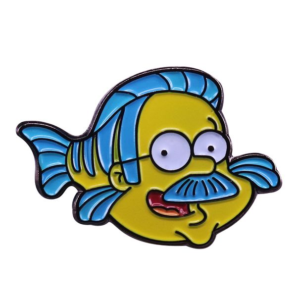 

fish ned flounders enamel pin funny cartoon character meme brooch, Blue
