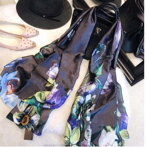

designer silk scarves for women fashion flower printed scarfs 180x90cm pashmina infinity scarf ladies shawls bikini c2121, Blue;gray