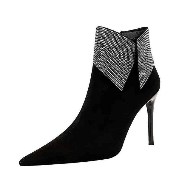 

ankle boots nightclub slim heel high suede pointed lapel rhinestone fashion boots 220820, Black