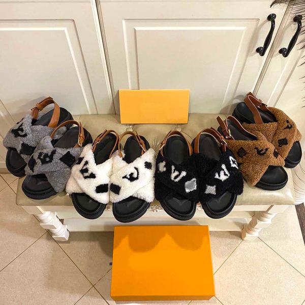

designers wool slippers fur fluffy furry sandals paseo flat slides, Black