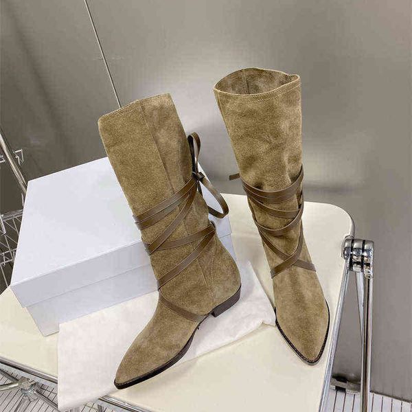 

new knight boots women strap western cowboy winter boots pointed low heel high tube knee length suede boots 220822, Black