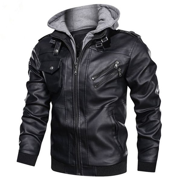 

men's motorcycle leather jacket autumn winter fashion windbreaker homme hooded outwear warm biker pu jackets eu size 3xl 220822, Black
