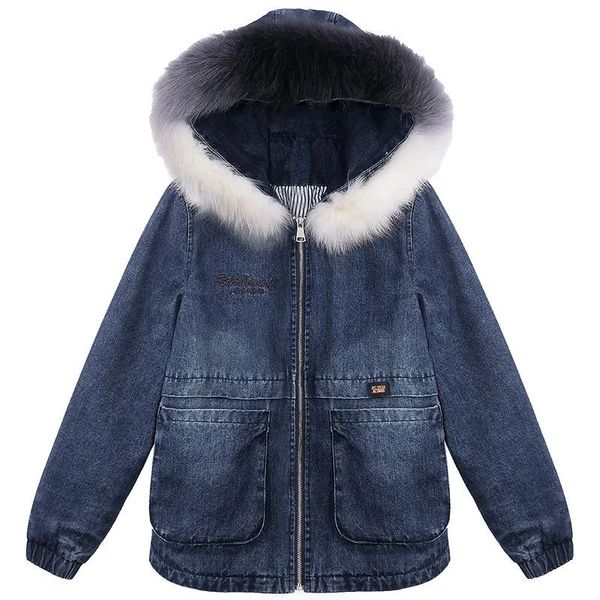 

womens jackets winter denim cotton coat warm thick korean loose big fur collar padded 220829, Black;brown