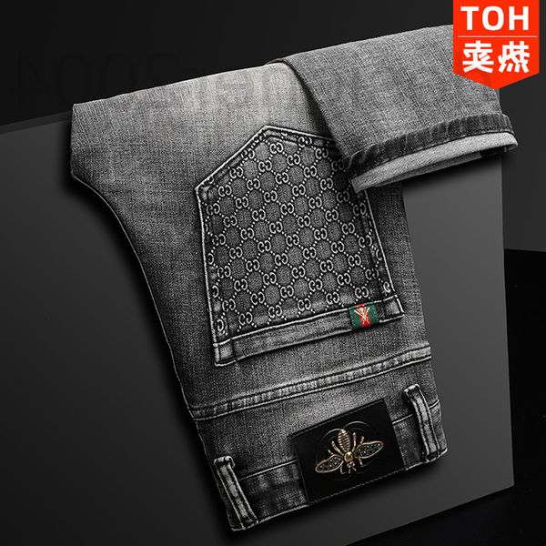 

men's jeans designer spring and autumn smoke gray black jeans men's elastic slim fit little bee pants embroidered njbk, Blue