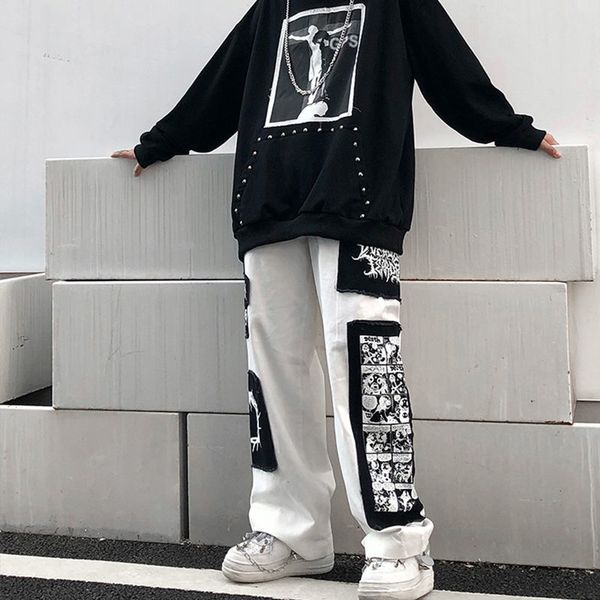 

men's jeans gothic punk cargo pants anime patch for men women high waist black trousers wide-leg casual pant harajuku y2k male bottomsm, Blue