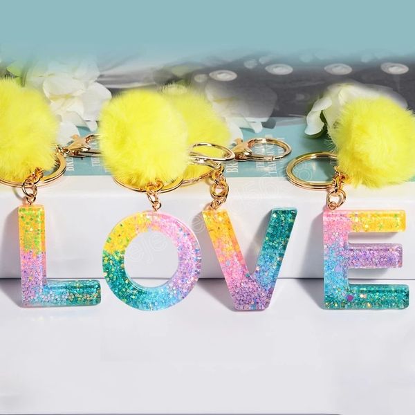 

colorful 26 english initials keychains with yellow pompom women a-z letters sequins key chain, Silver