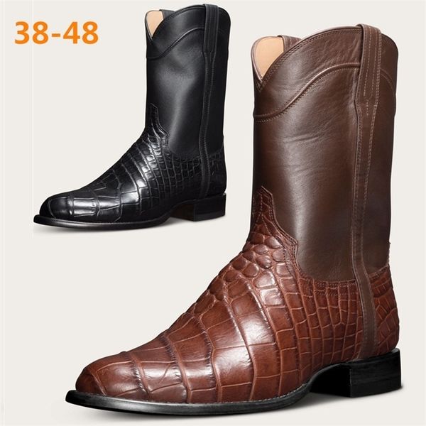 

dress shoes european american vintage men's boots pattern western cowboy single mens slip-on mid-calf plus size 38-48 220829, Black