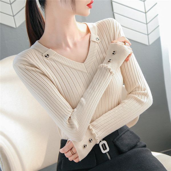 

autumn women sweater knitted long sleeve casual vneck pullovers slimfit vintage button office chic sweater 220822, White;black