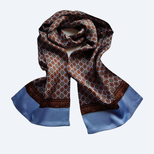 

100% silk scarf men vintage long double layer neckerchief cravat office blue, Blue;gray
