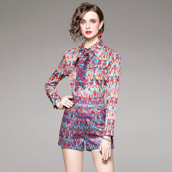 

2022 retro print women short pant set long sleeve designer sets lapel button shirt and casual shorts suits spring autumn woman two piece el, White