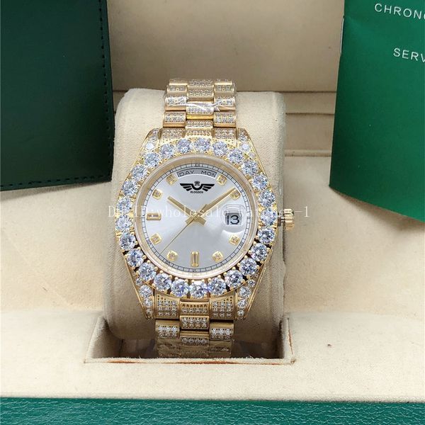 

full diamond watch 128238 silver dial president 43mm gold men automatic box, Slivery;brown