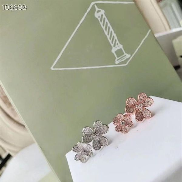 

luxury brand designer s925 sterling silver ring with full crystal three leaf clover flower charm open for women jewelry277d