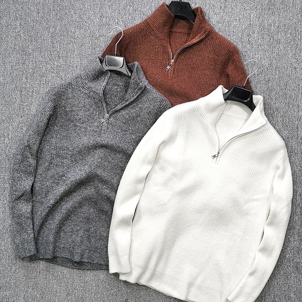 

men's thick wool sweater stand collar half zip business casual autumn and winter fashion pullover 220822, White;black