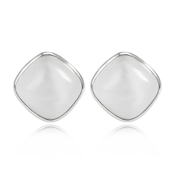 

12mm synthetic opal stud earrings white square cat's eye stone earring for women classic fine jewelry, Golden;silver