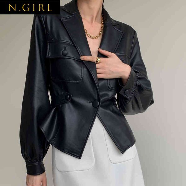 

autumn spring new leather jacket 2022 women's spring pu single button coat fit waist motorcycle fashion jacket street outwear t220810, Black