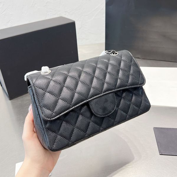 

24cm france womens caviar leather black bags calfskin classic double flap quilted purse gold/silver metal hardware multi pochette handbags