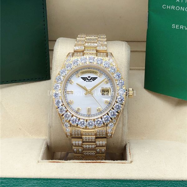 

full diamond president watch pearl 128238 43mm gold men automatic wristwatches box, Slivery;brown