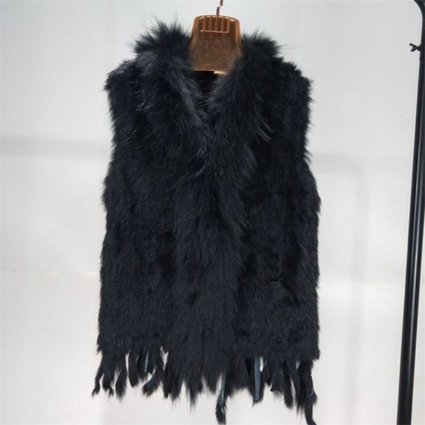 

womens fur faux hspl vest real rabbit women gilet with trimming tassels female waistcoat lady colete feminino de inverno 220829, Black