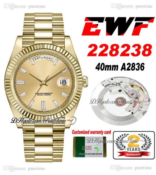 

ewf day date 228238 eta a2836 automatic mens watch yellow gold fluted champagne baguette diamond dial presidential bracelet same serial card, Slivery;brown