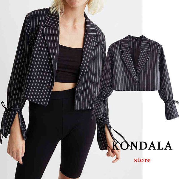 

kondala za 2021 women office lady vneck short blazer long sleeves striped print bow women jackets elegant stylish mujer blazer j220813, White;black