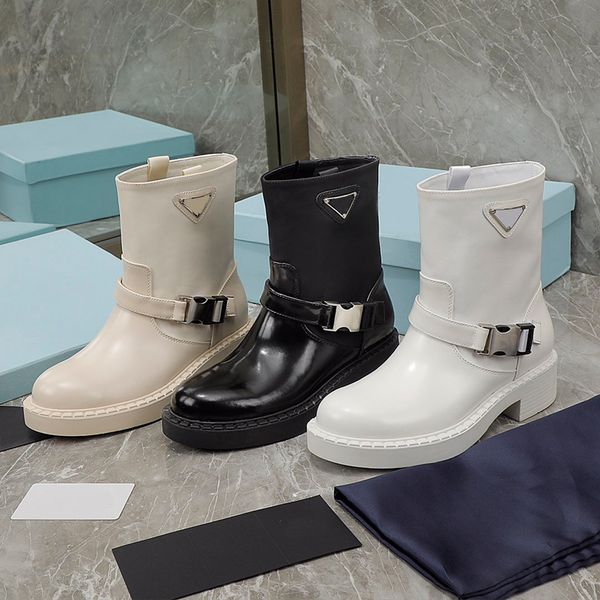 

2021 winter luxury overall brushed leather ankle boots recycled nylon mid boots recycled enamel metal triangle overall sole comfortable outd, Black