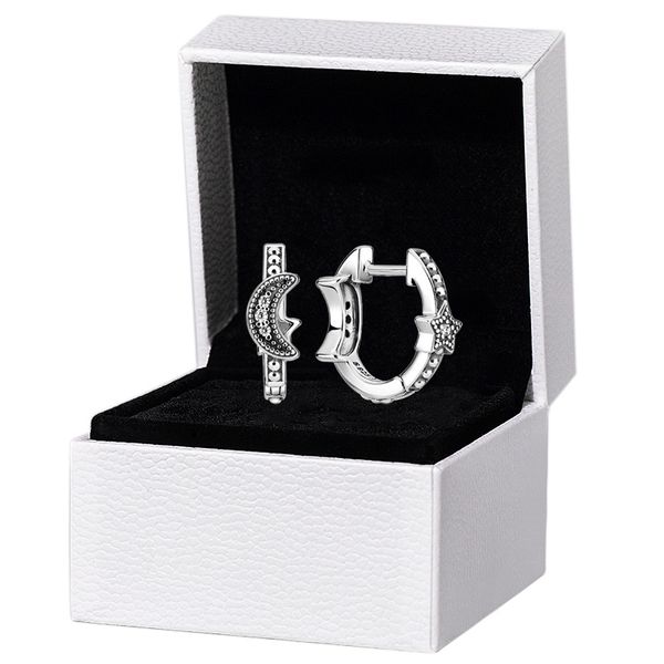 

crescent moon stars beaded hoop earrings authentic 925 sterling silver women mens gift original box for pandora stud earrings set, Golden;silver