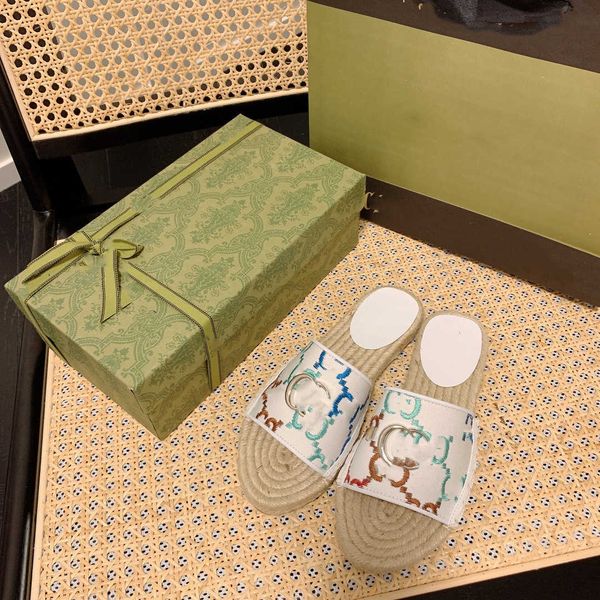 

2022 designer slippe women sandals letter embroidery slides multicolor linen slipper, Black