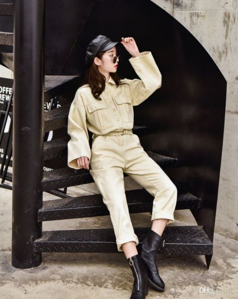 

women's jumpsuits & rompers long sleeve casual loose fit denim jumpsuit women students jeans overalls ankle-length pants female work, Black;white