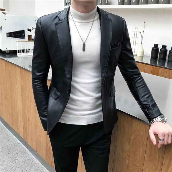 

autumn faux pu leather suit jacket men korean trendy slim fit white red black fashion streetwear blazer coat male 220822, White;black