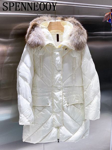 

womens down parkas spenneooy runway white color winter duck down medium and long jacket sleeve button slim coat 220829, Black