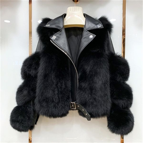 

womens fur faux real coats with genuine sheepskin leather wholeskin natural jacket outwear luxury women winter 220829, Black