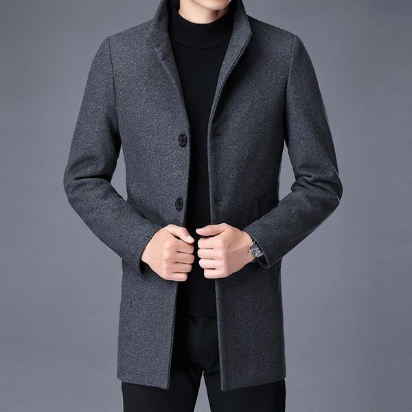 

long wool coat men fashion pea coat jacket wool blends autumn winter jackets mens woolen overcoat plus size 3xl 4xl 220822, Black