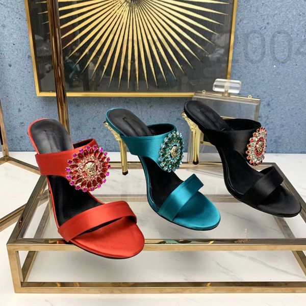 

slippers designer high heeled slippers women's medusa 2022 summer new wear glass rhinestone non slip leather stiletto sandals k08a, Black