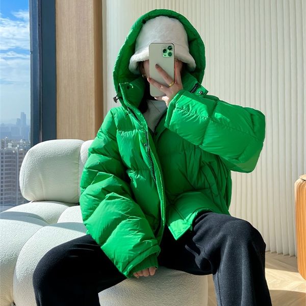 

2022 short winter jacket women 90% white duck down coat stand collar hooded solid warm loose outerwear fashion streetwear 220822, Black
