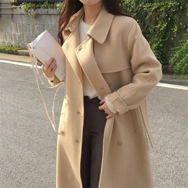 

womens wool blends arrivals real coat with belt fashion cashmere warm jacket ladys long trench outerwear fg3741 220829, Black