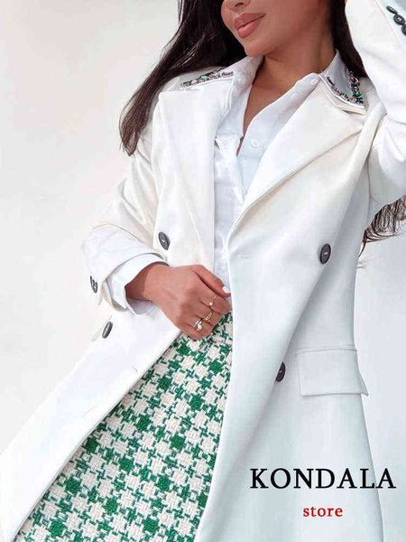 

kondala za 2022 office lady solid white oversized long blazer women double breasted v neck pockets slim jackets female vintage j220813, White;black