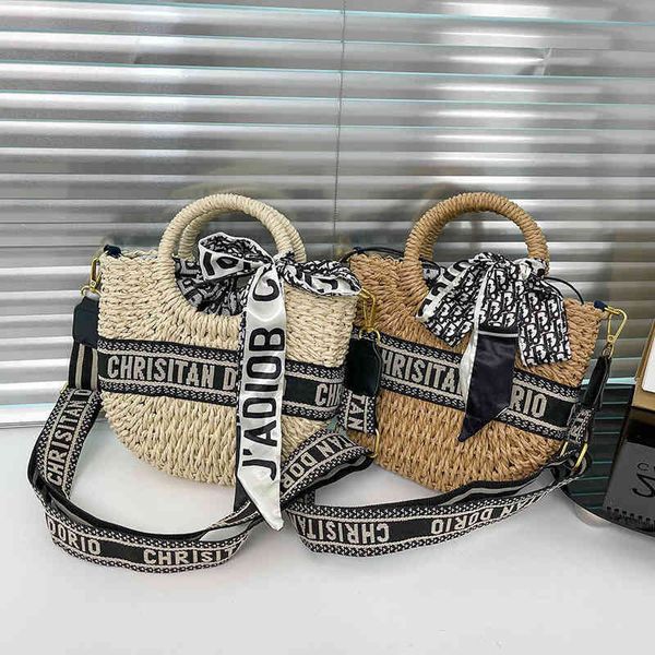 

70% off factory clearance woven women's bag 2022 new fashion wide shoulder strap bucket bag single shoulder messenger silk scarf straw
