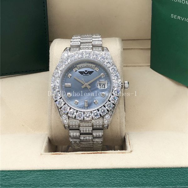 

full diamond blue pearl watch president 128238 43mm white gold men wristwatch box, Slivery;brown