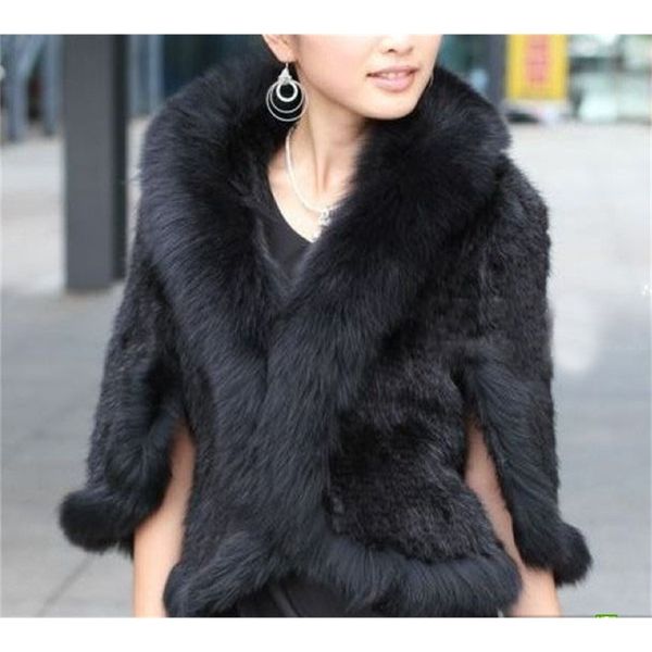 

womens fur faux women winter real genuine knitted mink shawl wrap cape scarf with fox fur collar mink coat fp245 220829, Black