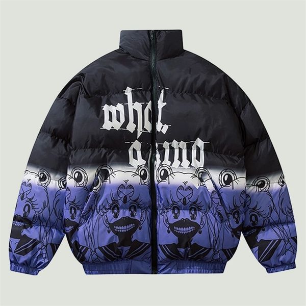 

hip hop oversized padded parkas mens harajuku gradient cartoon girl printed coats winter cotton warm jackets streetwear 220822, Black