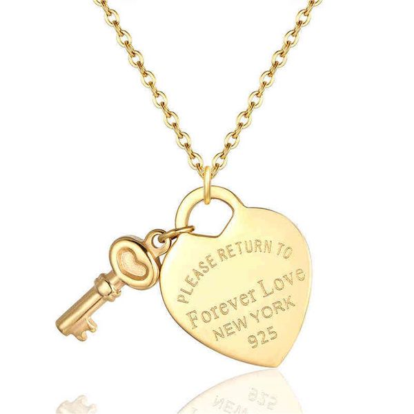 

new arrival key and forever love big heart necklace pendant stainless steel gold colour jewelry for women love gift g315f, Silver