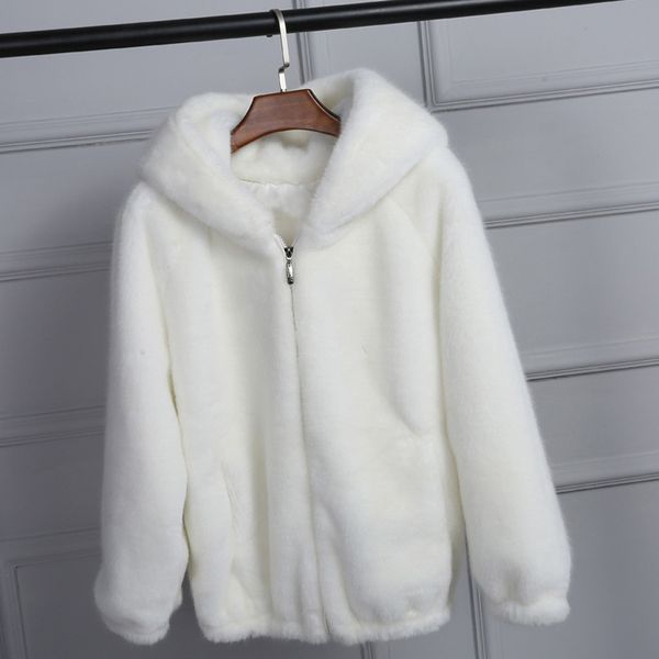 

lady artificial fur hooded soft women's jacket white grey pink rabbit imitation fur outcoat winter grass mink faux fur coat 220822, Black