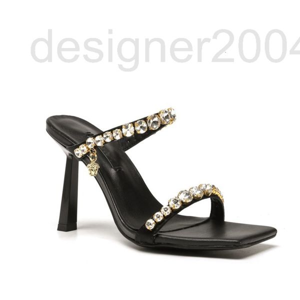 

slippers designer women's high heels 2022 medusa summer new style square head anti slip leather temperament wear thin heel sandals outs, Black