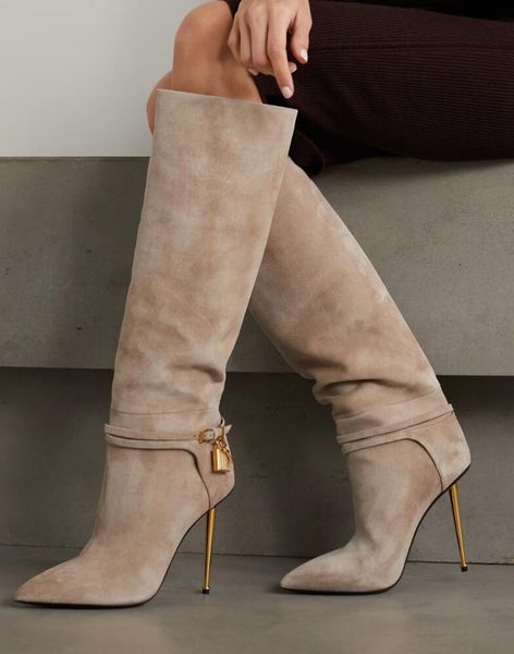 

winter luxury brands padlock boot gilded stiletto heel women long knee boots gold hardware lock-and-key party wdding lady winter booties eu3, Black