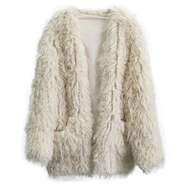 

womens fur faux women long sheep coat winter outwear fashion female pocket jacket warm cold weather arrive lamb fur knitted coat 220829, Black