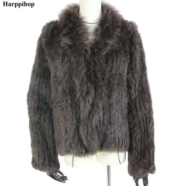 

womens fur faux harppihop rabbit fur genuine knitted coat for women raccoon collar jacket trench outwear fashion street party jacketc918 220, Black