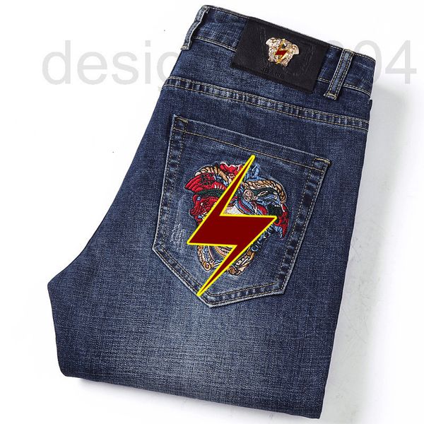 

men's jeans designer 2021 spring and summer fashion brand new medusa embroidered jeans men's elastic slim fit small leg straight p, Blue