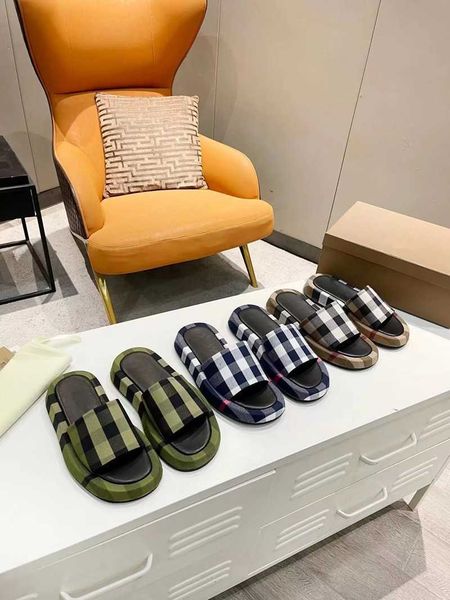 

22ss summer pop classic checkered women's slippers cotton linen fabric classic stripes, Black