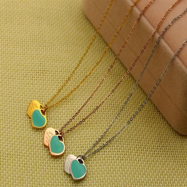 

2022 jingyang 316l stainless steel gold-color pink green double heart pendant link chain necklace fashion jewelry for women p2280q, Silver
