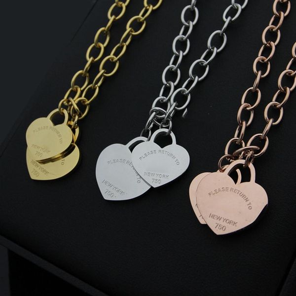 

2022 stainless steel double heart love pendant necklaces classic style women designer jewelry whole231t, Silver